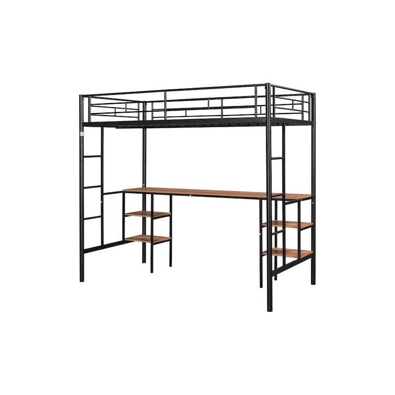 Lit mezzanine en métal pour deux personnes avec table intégrée, étagères de rangement, garde-corps et échelles