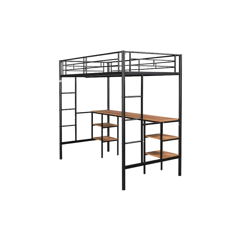 Lit mezzanine en métal pour deux personnes avec table intégrée, étagères de rangement, garde-corps et échelles
