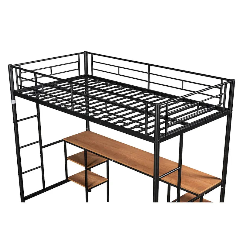 Lit mezzanine en métal pour deux personnes avec table intégrée, étagères de rangement, garde-corps et échelles