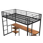 Lit mezzanine en métal pour deux personnes avec table intégrée, étagères de rangement, garde-corps et échelles