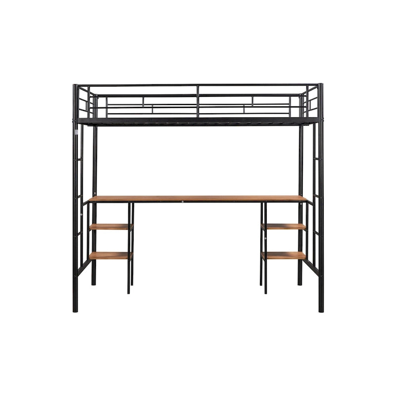 Lit mezzanine en métal pour deux personnes avec table intégrée, étagères de rangement, garde-corps et échelles