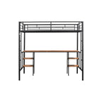 Lit mezzanine en métal pour deux personnes avec table intégrée, étagères de rangement, garde-corps et échelles