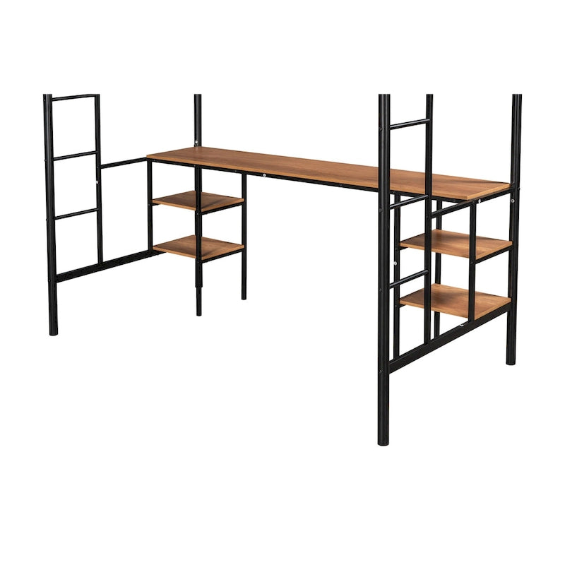 Lit mezzanine en métal pour deux personnes avec table intégrée, étagères de rangement, garde-corps et échelles