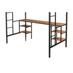Lit mezzanine en métal pour deux personnes avec table intégrée, étagères de rangement, garde-corps et échelles