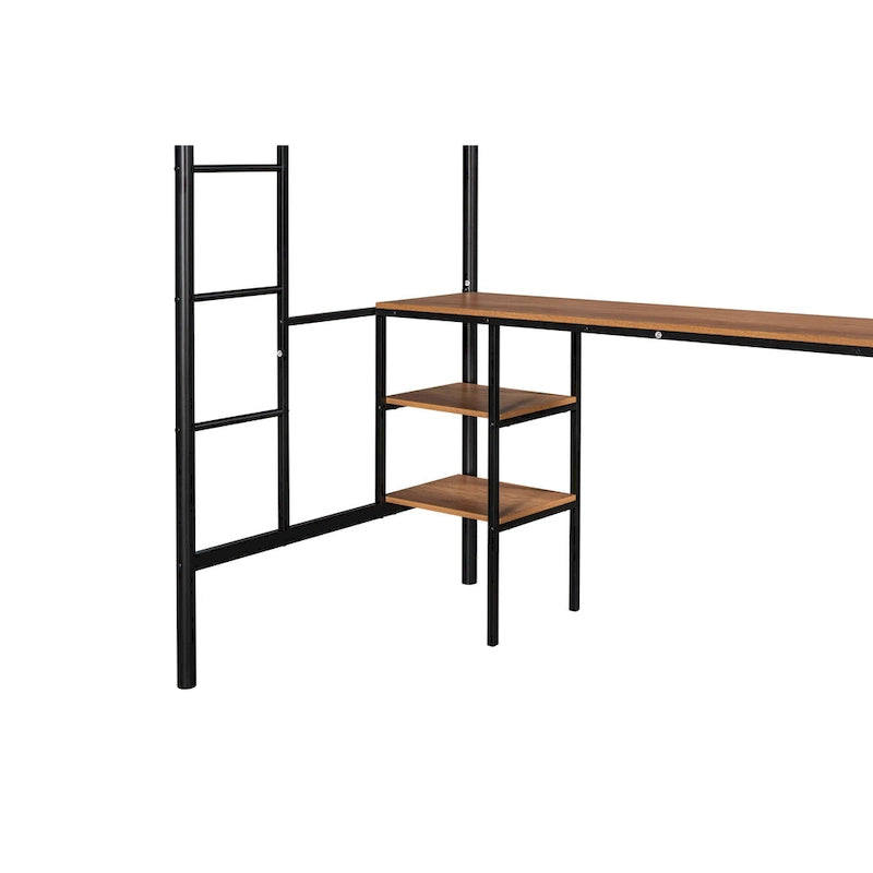 Lit mezzanine en métal pour deux personnes avec table intégrée, étagères de rangement, garde-corps et échelles