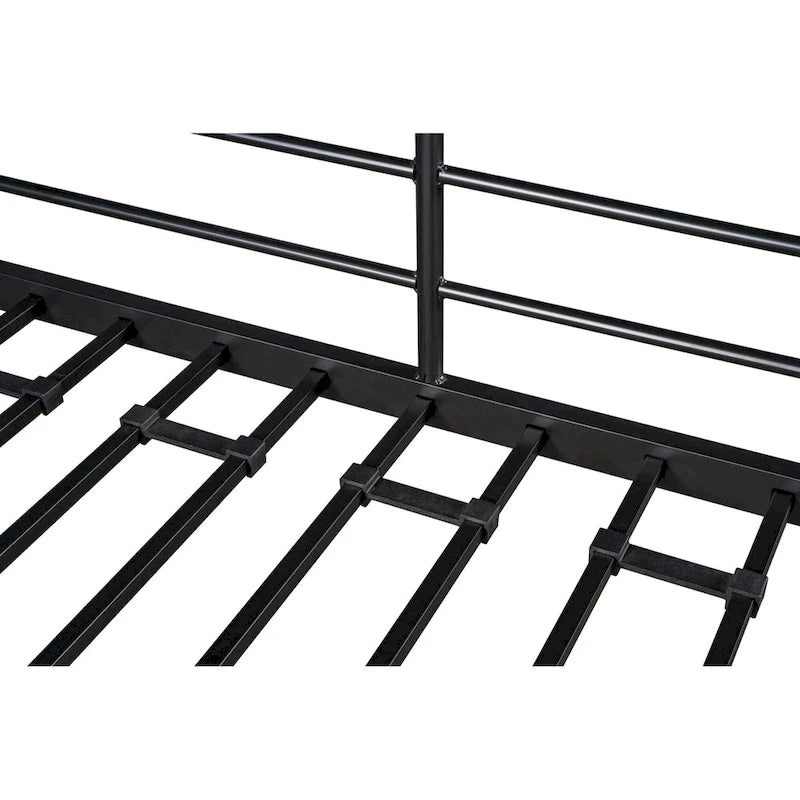 Lit mezzanine en métal pour deux personnes avec table intégrée, étagères de rangement, garde-corps et échelles