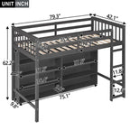 Lit mezzanine double avec 8 grandes étagères de rangement ouvertes – Structure en pin massif