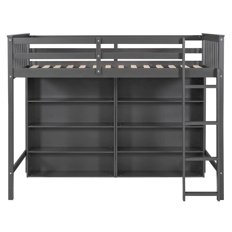 Lit mezzanine double avec 8 grandes étagères de rangement ouvertes – Structure en pin massif