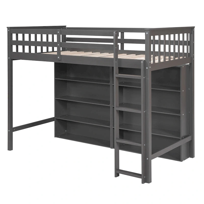 Lit mezzanine simple avec 8 étagères ouvertes – Bois de pin, design compact