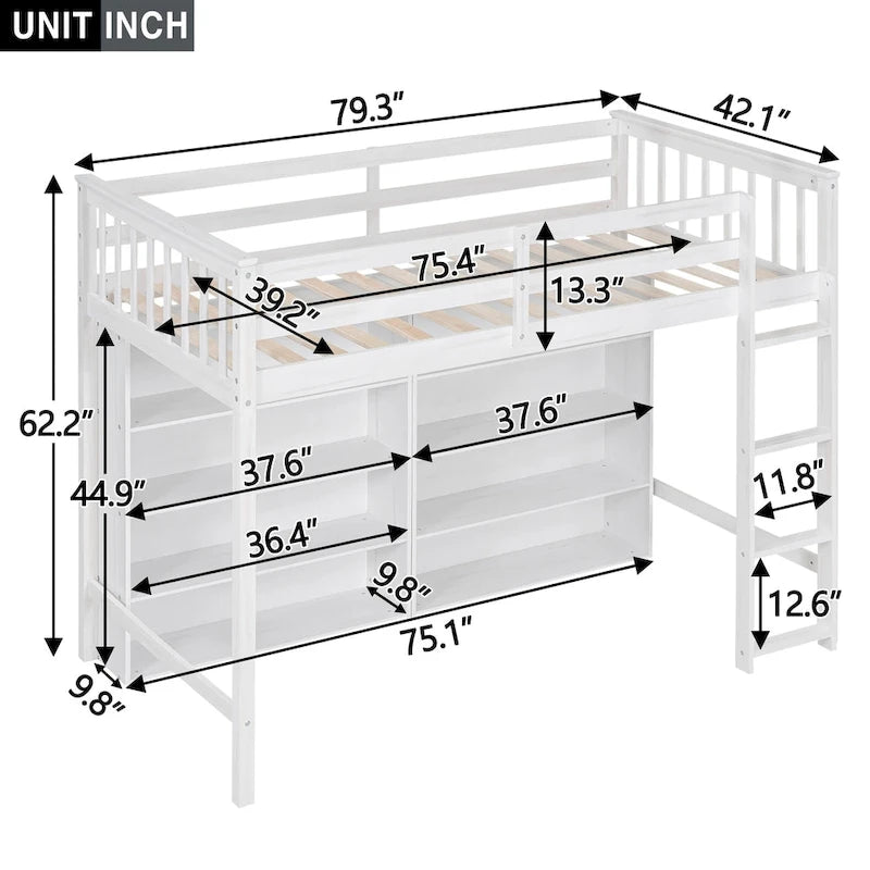 Lit mezzanine simple avec 8 étagères ouvertes – Bois de pin, design compact