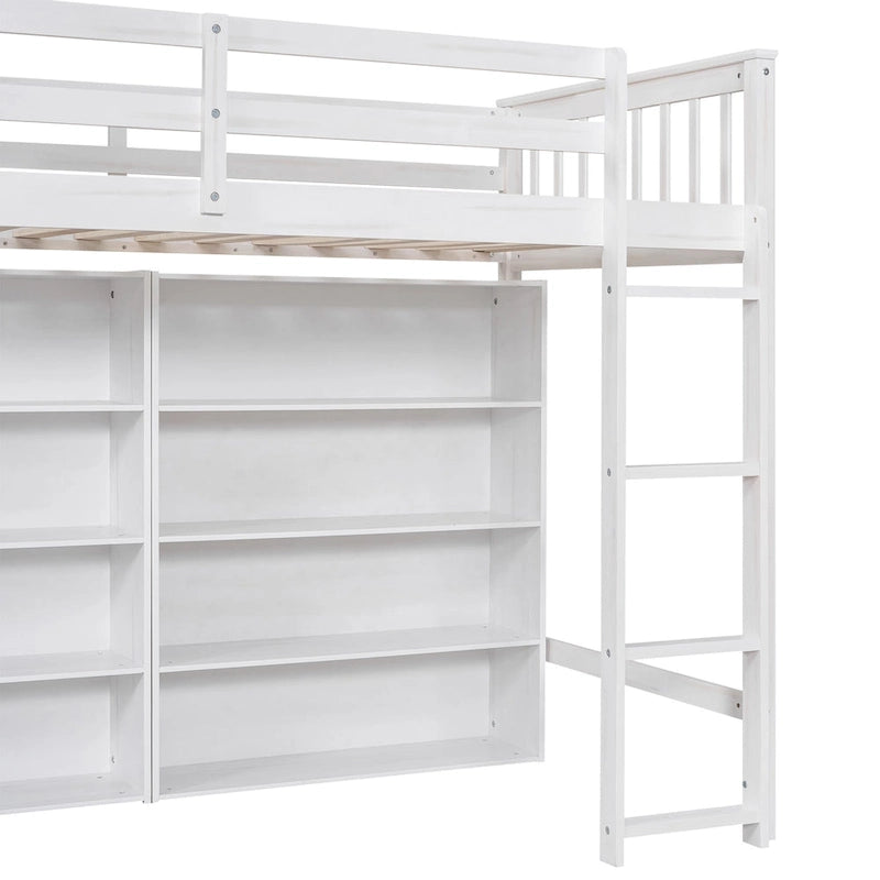 Lit mezzanine simple avec 8 étagères ouvertes – Bois de pin, design compact