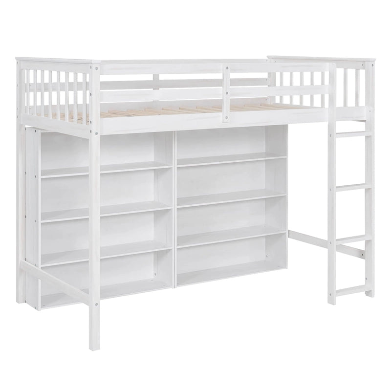 Lit mezzanine simple avec 8 étagères ouvertes – Bois de pin, design compact