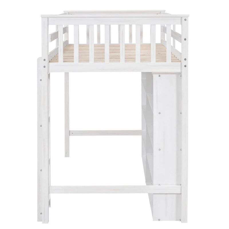Lit mezzanine simple avec 8 étagères ouvertes – Bois de pin, design compact