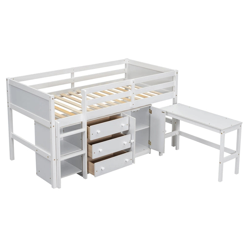 Lit mezzanine simple blanc avec bureau coulissant, armoire, 3 tiroirs et 2 étagères