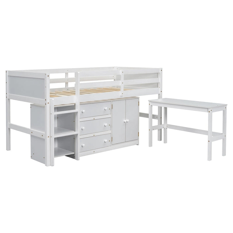 Lit mezzanine simple blanc avec bureau coulissant, armoire, 3 tiroirs et 2 étagères