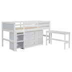 Lit mezzanine simple blanc avec bureau coulissant, armoire, 3 tiroirs et 2 étagères