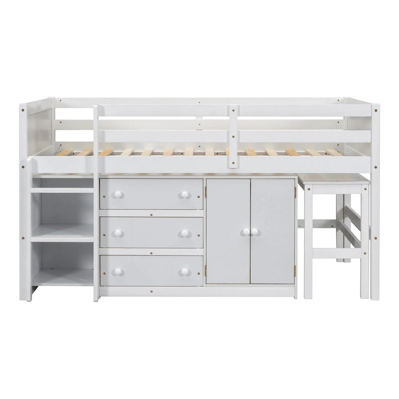 Lit mezzanine simple blanc avec bureau coulissant, armoire, 3 tiroirs et 2 étagères