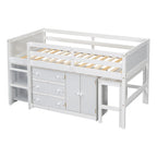Lit mezzanine simple blanc avec bureau coulissant, armoire, 3 tiroirs et 2 étagères