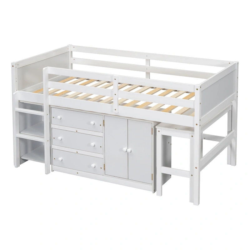 Lit mezzanine simple blanc avec bureau coulissant, armoire, 3 tiroirs et 2 étagères