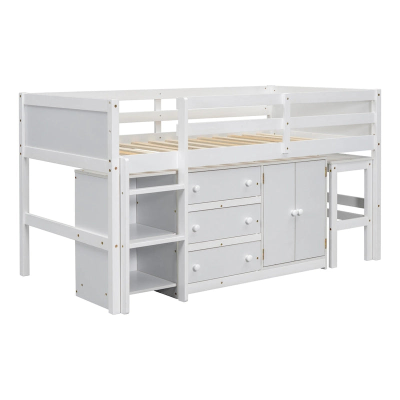 Lit mezzanine simple blanc avec bureau coulissant, armoire, 3 tiroirs et 2 étagères