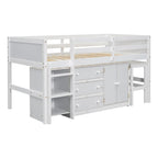 Lit mezzanine simple blanc avec bureau coulissant, armoire, 3 tiroirs et 2 étagères