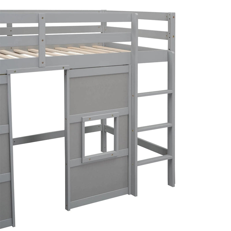 Lit mezzanine simple en bois avec armoire intégrée et 2 fenêtres