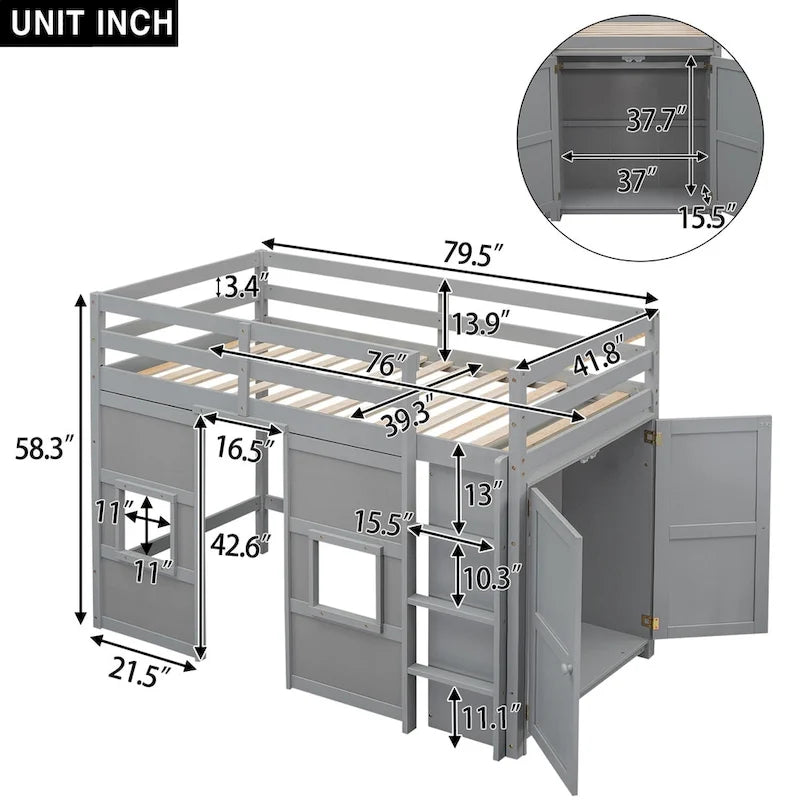 Lit mezzanine simple en bois avec armoire intégrée et 2 fenêtres