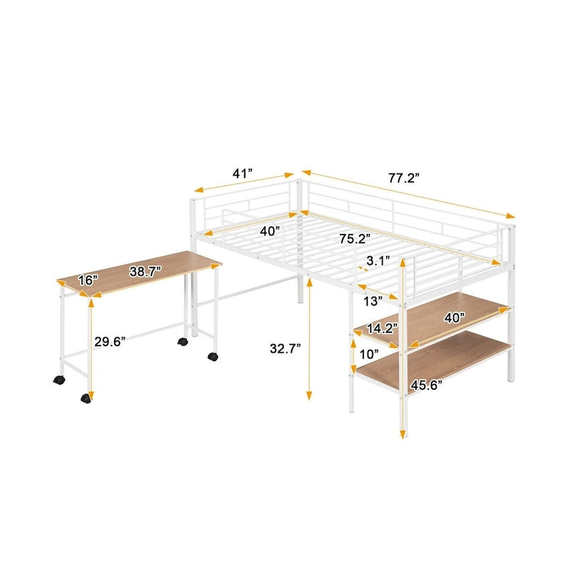Lit mezzanine en métal Merax, taille double, avec bureau et étagères