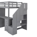Lit mezzanine en bois, taille double, avec armoire et escalier, bureau et tiroirs de rangement et armoire en 1