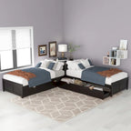 L-shaped Platform Bed with Trundle and Drawers Linked with built-in Desk