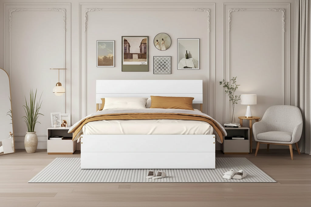 Modern Farmhouse Style Wooden Full Size Platform Bed Frame with Twin Size Trundle Bed