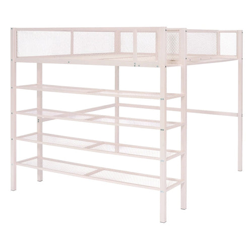 Lit mezzanine en métal pleine grandeur avec étagères et rangement à 4 niveaux, rose
