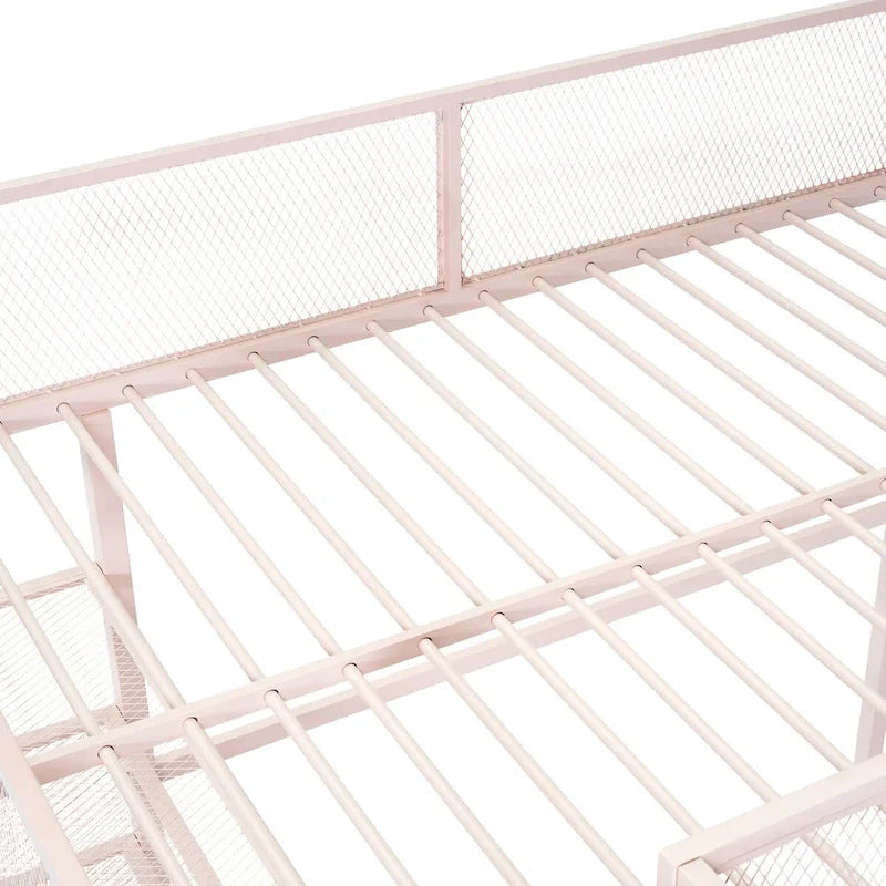Lit mezzanine en métal pleine grandeur avec étagères et rangement à 4 niveaux, rose