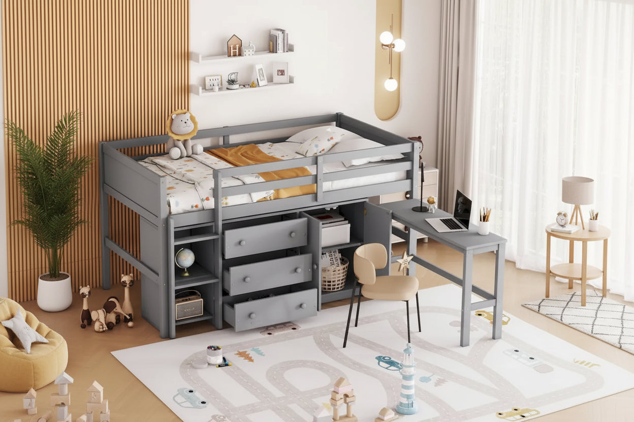 Twin Size Low Loft Bed With Pull-Out Desk