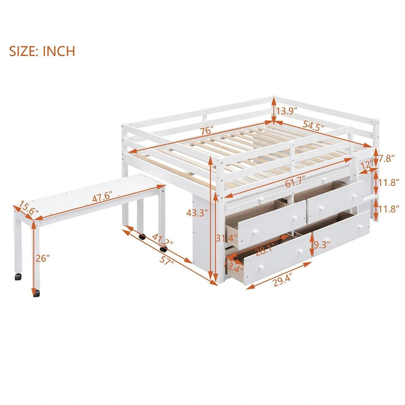 Lit mezzanine avec bureau rétractable et 4 tiroirs