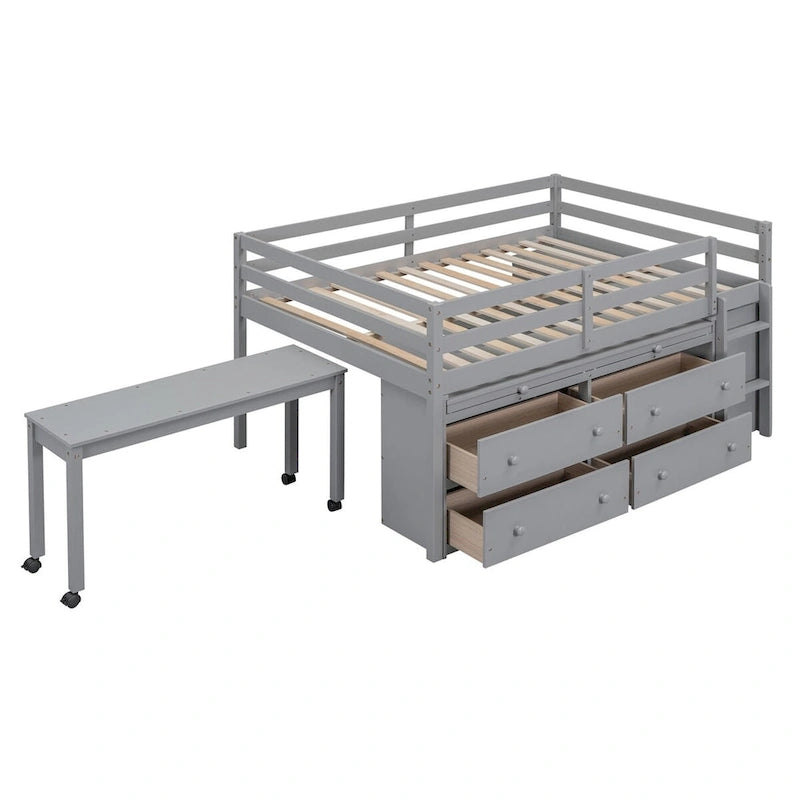 Lit mezzanine avec bureau rétractable et 4 tiroirs
