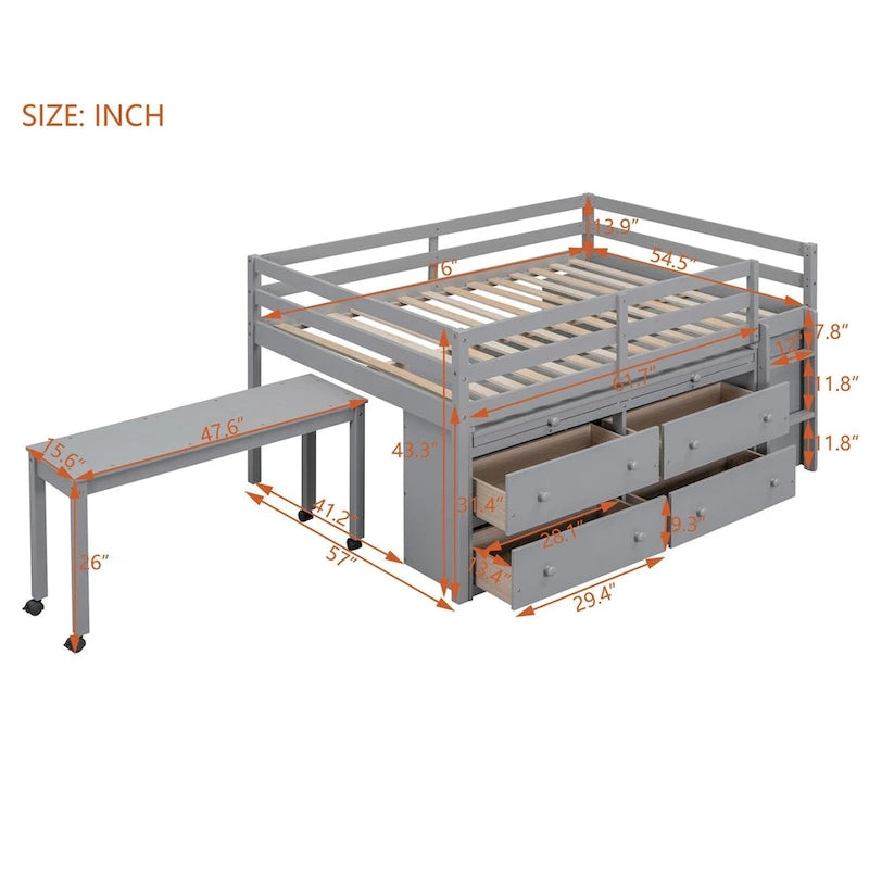 Lit mezzanine avec bureau rétractable et 4 tiroirs