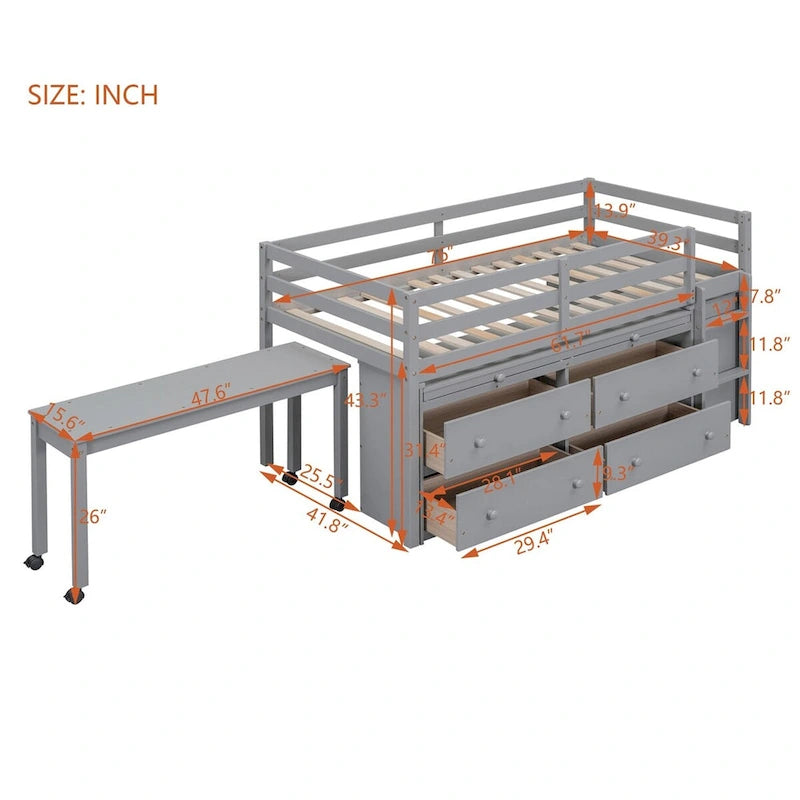 Lit mezzanine avec bureau rétractable et 4 tiroirs