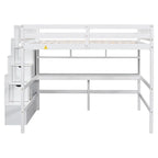 Lit mezzanine en bois avec bureau intégré, étagères et escalier de rangement, taille double