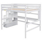 Lit mezzanine en bois avec bureau intégré, étagères et escalier de rangement, taille double