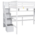 Lit mezzanine en bois avec bureau intégré, étagères et escalier de rangement, taille double