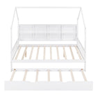 White Full Size Pinewood Kids House Platform Bed with Trundle, Shelf, and Roof