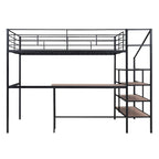 Lit mezzanine noir en métal avec bureau et échelle de rangement