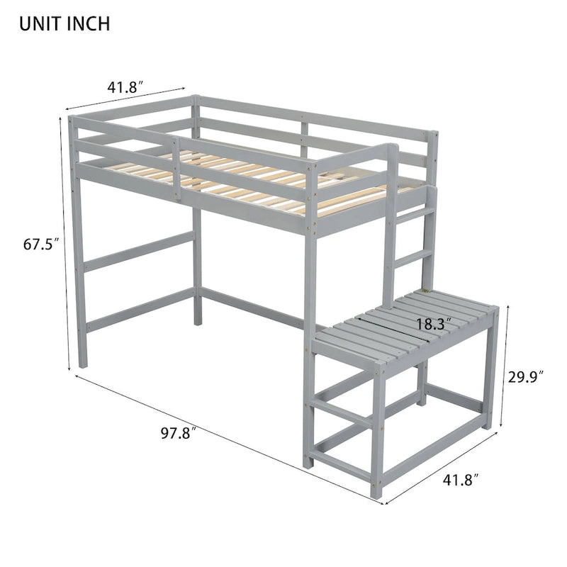 Lit mezzanine double avec plateforme d'atterrissage à échelle, échelles, garde-corps