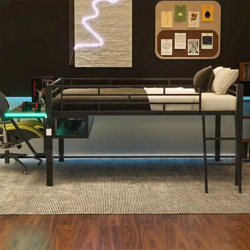 Lit superposé jumeau avec bureau escamotable, 4 tiroirs et étagères – Gain de place