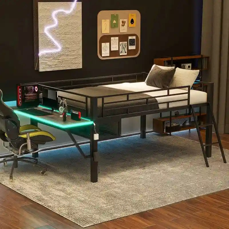Lit superposé jumeau avec bureau escamotable, 4 tiroirs et étagères – Gain de place