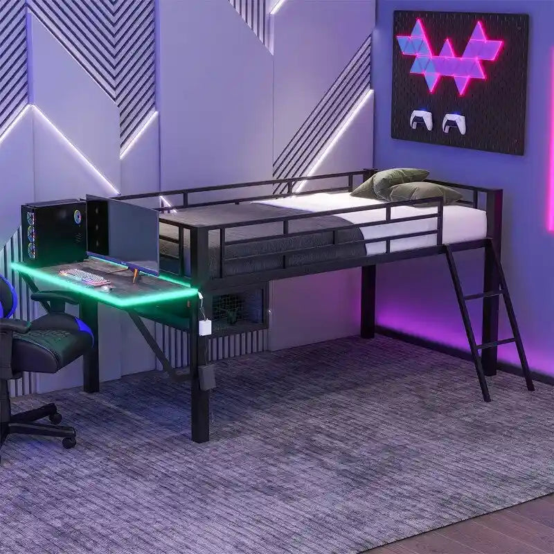Lit superposé jumeau avec bureau escamotable, 4 tiroirs et étagères – Gain de place