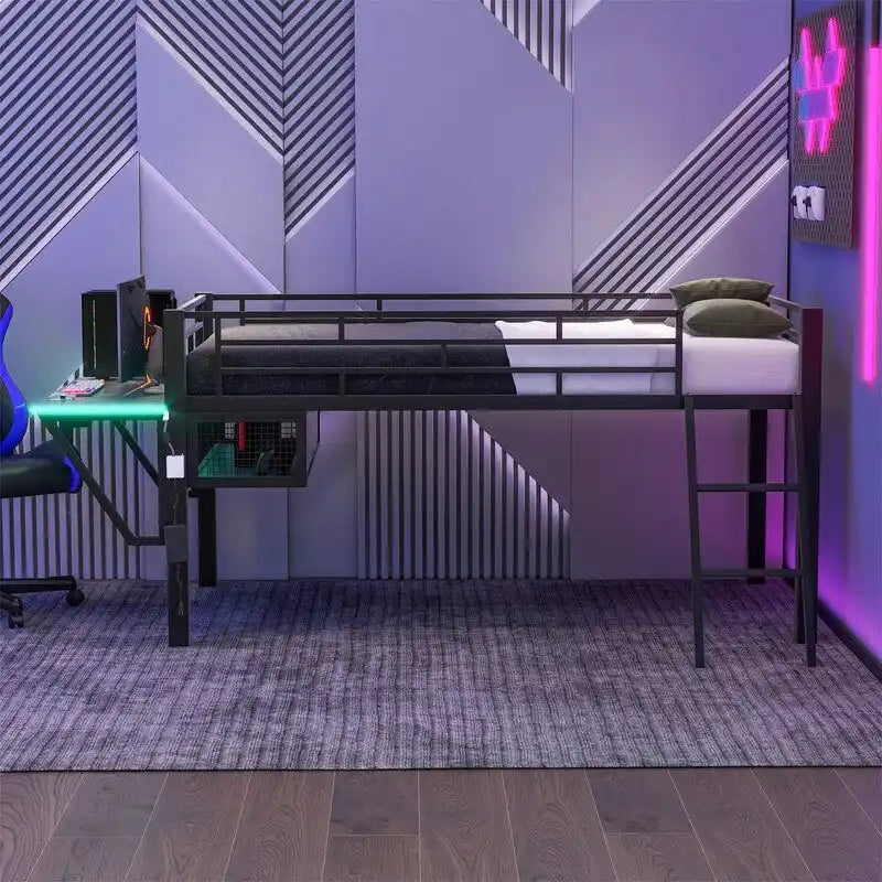 Lit superposé jumeau avec bureau escamotable, 4 tiroirs et étagères – Gain de place