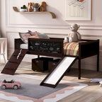 Lit mezzanine simple en bois avec garde-corps, deux boîtes de rangement et tableau double face, cadre d'escalade et corde