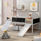 Lit mezzanine simple en bois avec garde-corps, deux boîtes de rangement et tableau double face, cadre d'escalade et corde